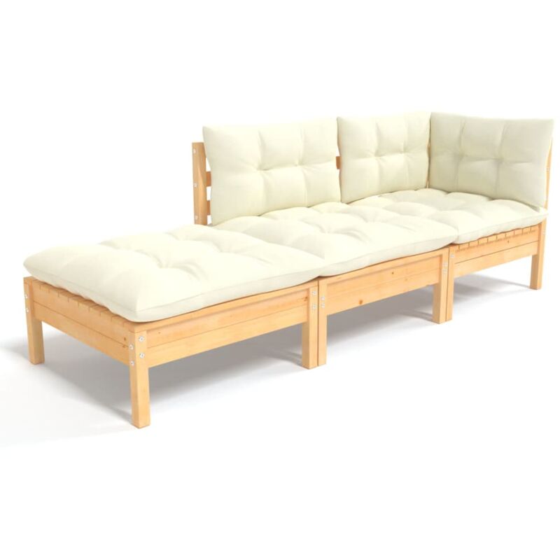 Salon de jardin 3 pcs avec coussins crème Bois de pin massif Vidaxl