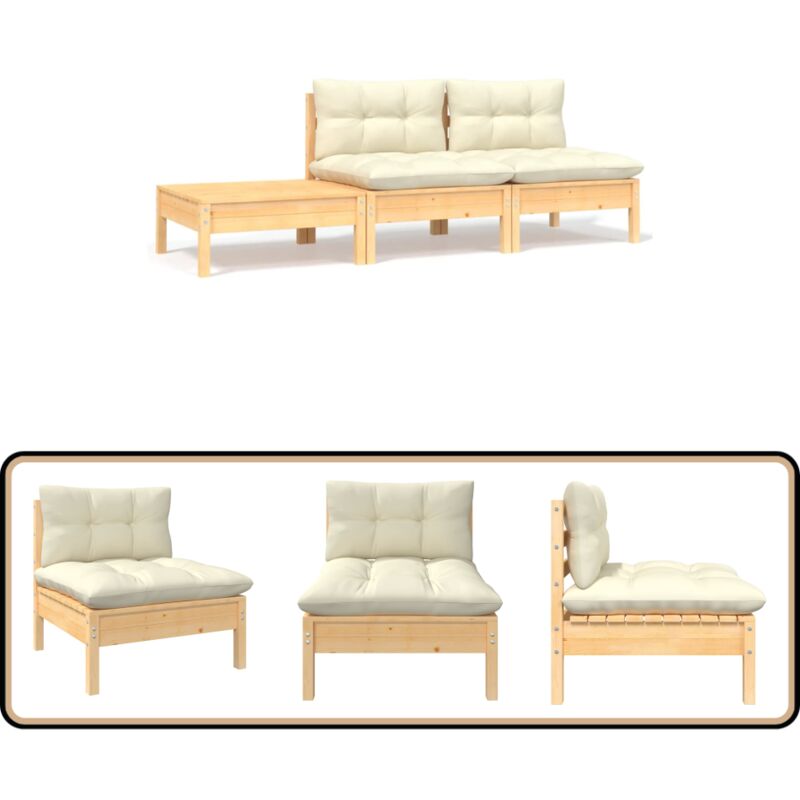 Salon de jardin 3 pcs avec coussins crème Bois de pin massif - Salon De Jardin - Mobilier De Jardin - Ensemble Salon De Patio - Chaise Longue