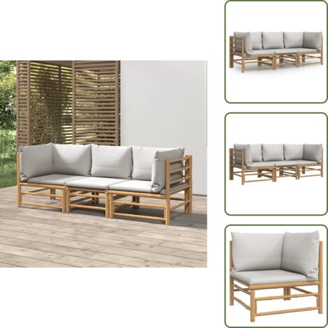 Salon de jardin 3 pcs avec coussins gris clair bambou - Salon De Jardin - Mobilier De Jardin - Ensemble De Salon - Meubles En Bambou - Canapé D'angle