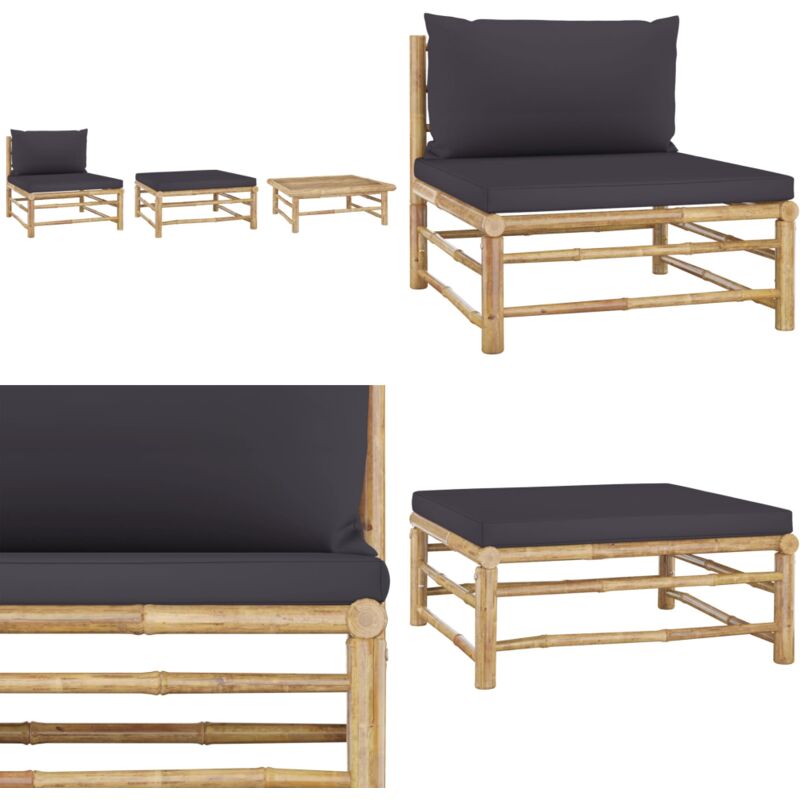 Salon de jardin 3 pcs avec coussins gris foncé Bambou - Salon De Jardin - Mobilier De Jardin - Set De Salon - Meubles De Jardin - Bambou - Home &
