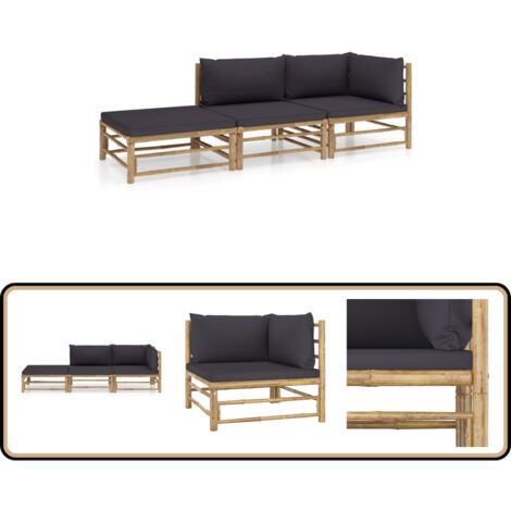 Salon de jardin 3 pcs avec coussins gris foncé bambou - Salon De Jardin - Mobilier De Jardin - Set De Salon - Meubles De Jardin - Bambou