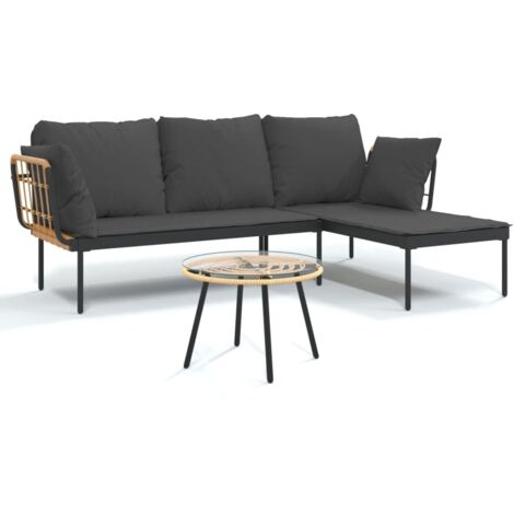 Salon de jardin 3 pcs avec coussins gris foncé résine tressée