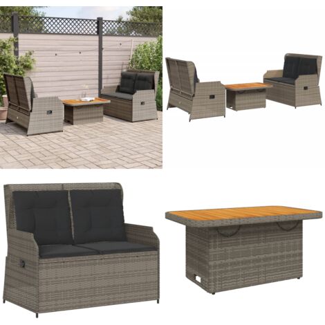 Salon de jardin 3 pcs avec coussins Gris Résine tressée - Banc de jardin - Table de jardin