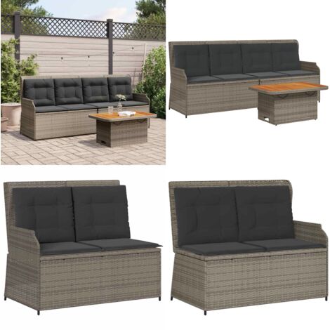 Salon de jardin 3 pcs avec coussins Gris Résine tressée - Banc de jardin - Table de jardin