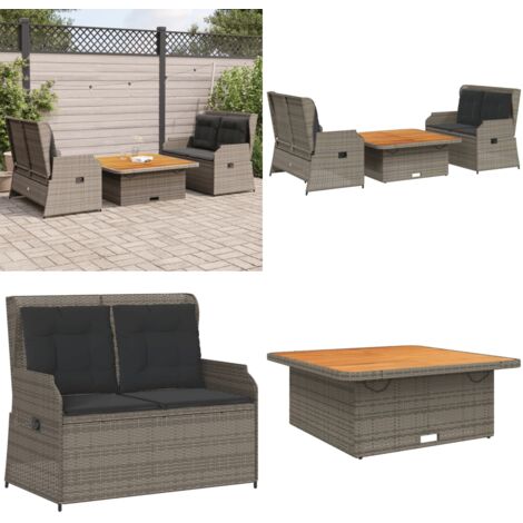 Salon de jardin 3 pcs avec coussins Gris Résine tressée - Banc de jardin - Table de jardin