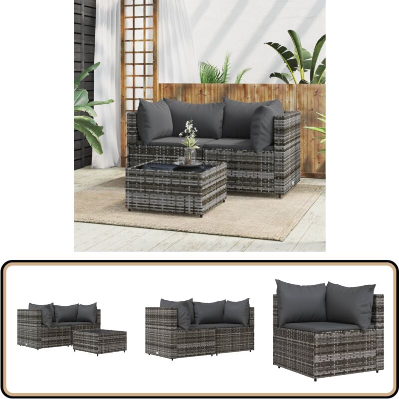 Salon de jardin 3 pcs avec coussins Gris Résine tressée - Canapé De Jardin - Mobilier De Jardin - Set Salon De Jardin - Table Basse - Chaise De Jardin