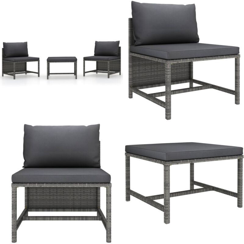 Salon de jardin 3 pcs avec coussins Gris Résine tressée - Canapé De Jardin - Mobilier De Jardin - Salon De Jardin - Set De Salon - Meubles