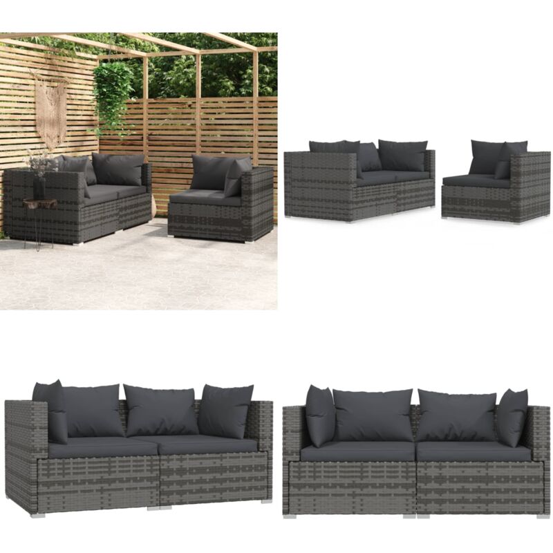 Salon de jardin 3 pcs avec coussins Gris Résine tressée - Salon De Jardin - Mobilier De Jardin - Canapé D'angle - Set De Salon - Meubles De Terrasse