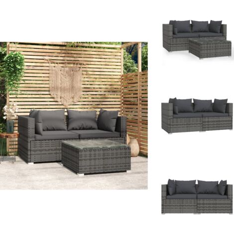 Salon de jardin 3 pcs avec coussins Gris Résine tressée - Salon De Jardin - Mobilier De Jardin - Set De Salon Extérieur - Meubles D'extérieur - Table Basse