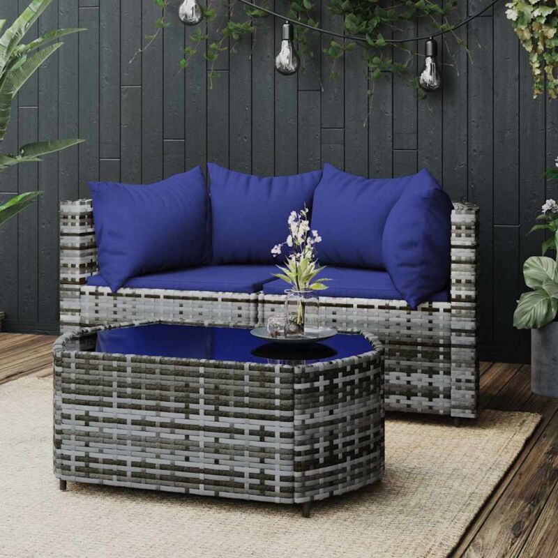 Vidaxl - Salon de jardin 3 pcs avec coussins Gris Résine tressée