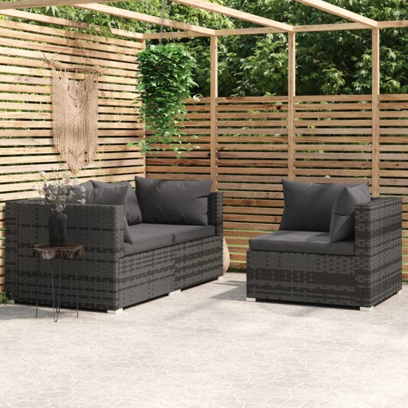 Vidaxl - Salon de jardin 3 pcs avec coussins Gris Résine tressée
