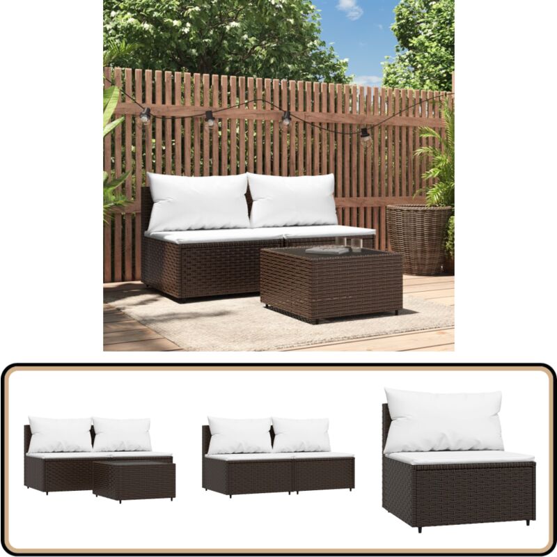 Salon de jardin 3 pcs avec coussins marron résine tressée - Canapé De Jardin - Mobilier De Jardin - Salon De Jardin - Set De Jardin - Table Basse