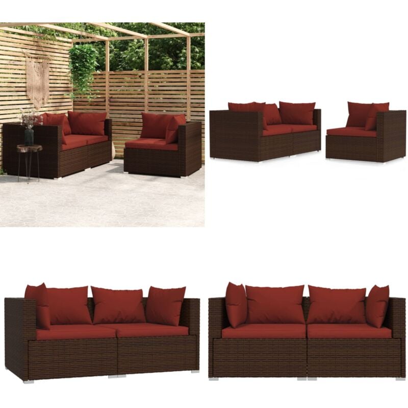 Salon de jardin 3 pcs avec coussins Marron Résine tressée - Meubles De Jardin - Salon De Jardin - Ensemble De Meubles De Jardin - Canapé D'angle
