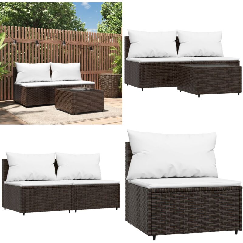 Salon de jardin 3 pcs avec coussins marron résine tressée - Canapé De Jardin - Mobilier De Jardin - Salon De Jardin - Set De Jardin - Table Basse