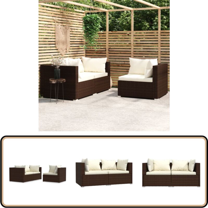 Salon de jardin 3 pcs avec coussins Marron Résine tressée - Salon De Jardin - Mobilier De Jardin - Canapé D'angle - Set De Salon - Meubles De Terrasse