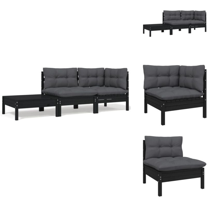 Salon de jardin 3 pcs avec coussins Noir Bois de pin massif - Ensemble Salon De Jardin - Mobilier De Jardin - Salon De Patio - Chaise Longue - Canapé