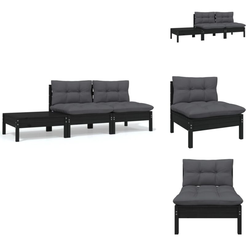 Salon de jardin 3 pcs avec coussins Noir Bois de pin massif - Ensemble Salon De Jardin - Mobilier De Jardin - Salon De Patio - Meubles De Jardin