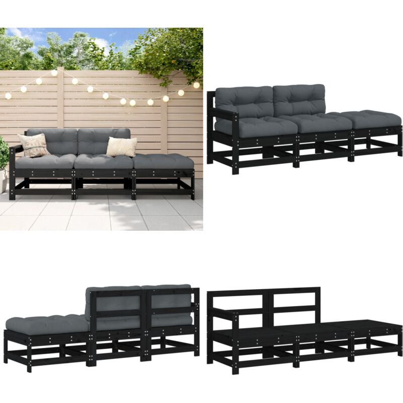 Salon de jardin 3 pcs avec coussins noir bois massif - Salon De Jardin - Mobilier De Jardin - Ensemble Salon De Jardin - Canapé Extérieur - Table