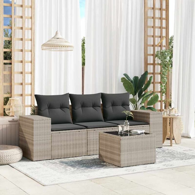 Salon de jardin 4 pcs avec coussins gris clair résine tressée - Vidaxl