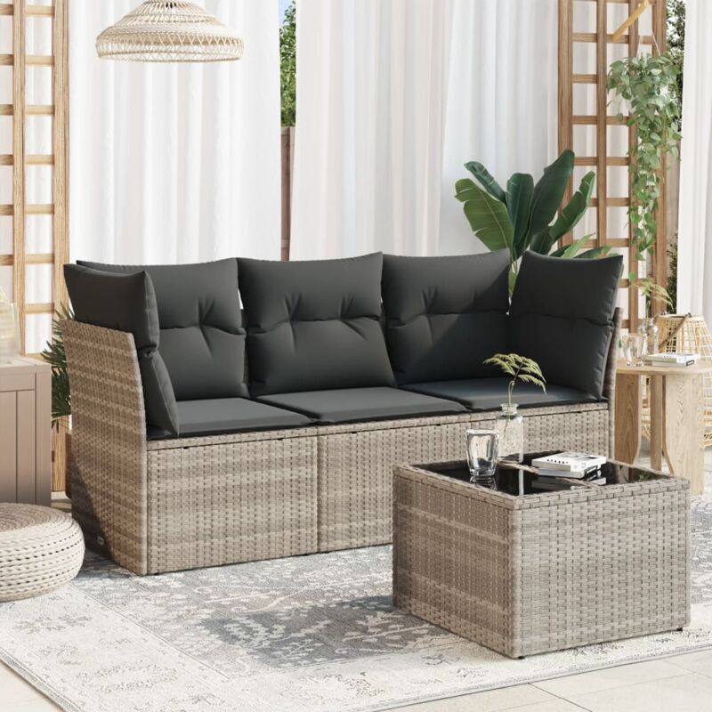 Salon de jardin 4 pcs avec coussins gris clair résine tressée - Vidaxl