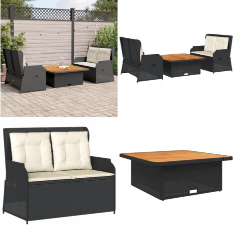 Salon de jardin 3 pcs avec coussins Noir Résine tressée - Banc de jardin - Table de jardin
