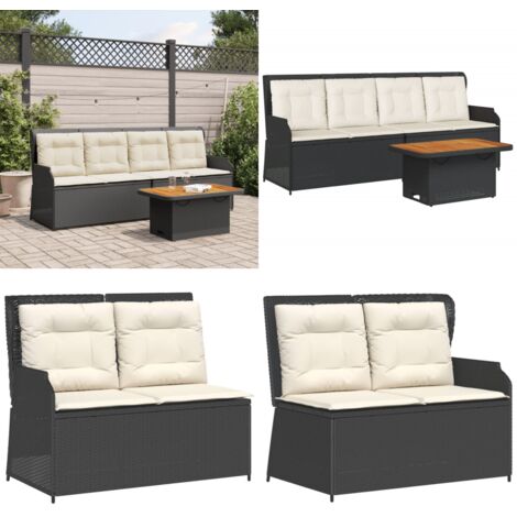 Salon de jardin 3 pcs avec coussins Noir Résine tressée - Banc de jardin - Table de jardin