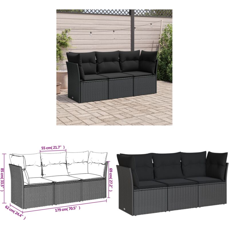 Salon de jardin 3 pcs avec coussins noir résine tressée - Canapé De Jardin - Salon De Jardin - Mobilier De Jardin - Résine Tressée - Rotin