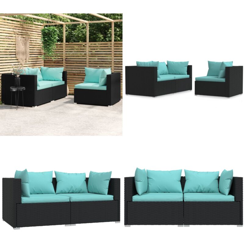 Salon de jardin 3 pcs avec coussins Noir Résine tressée - Salon De Jardin - Mobilier De Jardin - Canapé D'angle - Set De Salon - Meubles De Terrasse