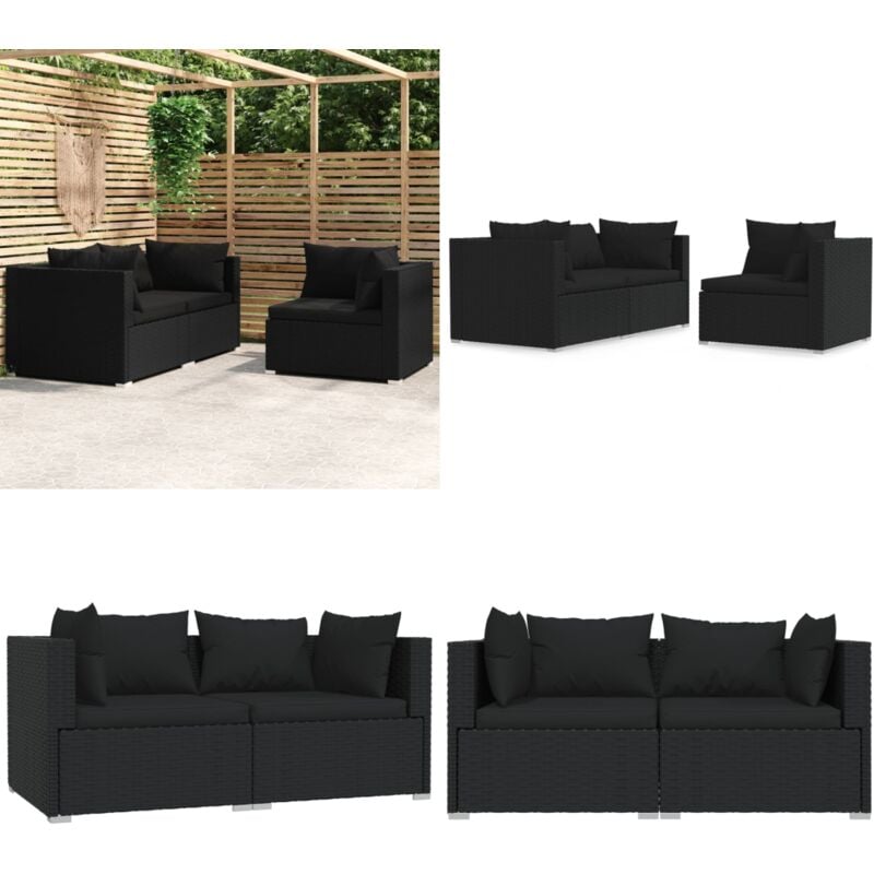 Salon de jardin 3 pcs avec coussins Noir Résine tressée - Salon De Jardin - Mobilier De Jardin - Canapé D'angle - Set De Salon - Meubles De Terrasse