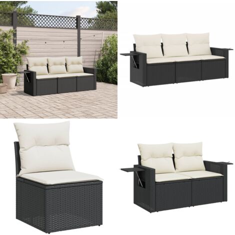 Salon de jardin 3 pcs avec coussins noir résine tressée - Salon De Jardin - Meuble De Jardin - Mobilier Extérieur - Set Salon De Jardin - Résine Tressée - Home & Living