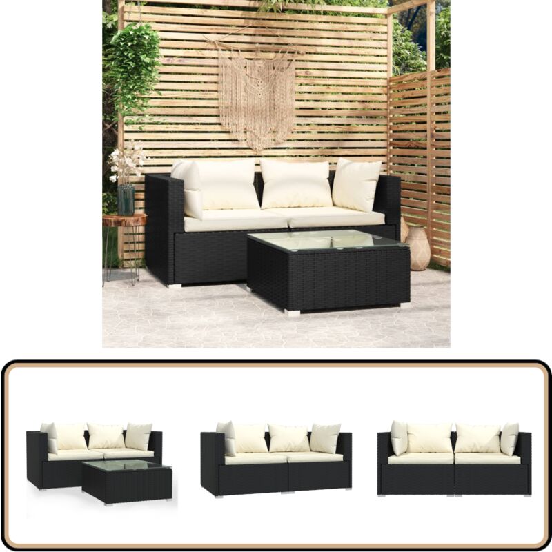 Salon de jardin 3 pcs avec coussins Noir Résine tressée - Salon De Jardin - Mobilier De Jardin - Set De Salon Extérieur - Meubles De Patio - Table