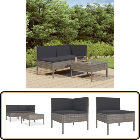 Salon de jardin 3 pcs avec coussins Résine tressée Gris - Salon De Jardin - Mobilier De Jardin - Set De Salon De Jardin - Canapé D'extérieur - Table Basse