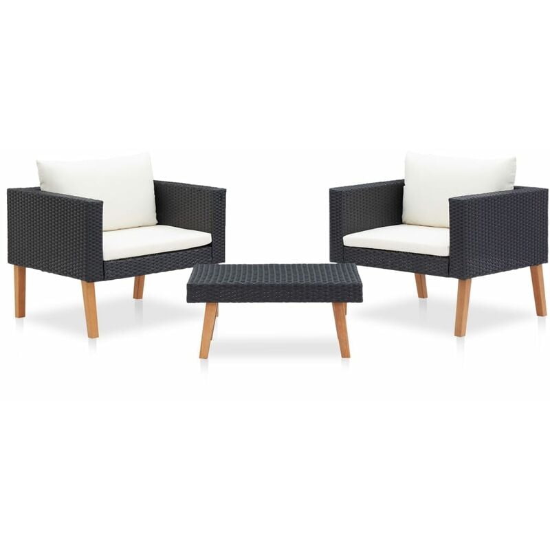Salon de jardin 3 pcs avec coussins Résine tressée Noir