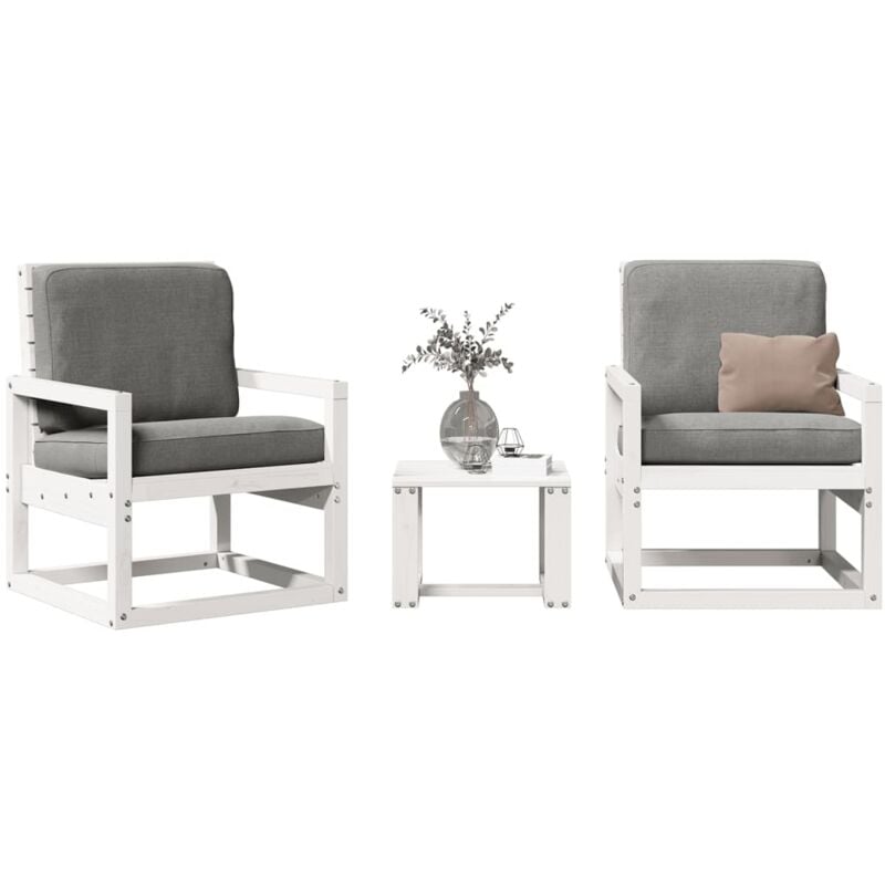 Salon de jardin 3 pcs blanc bois massif de pin