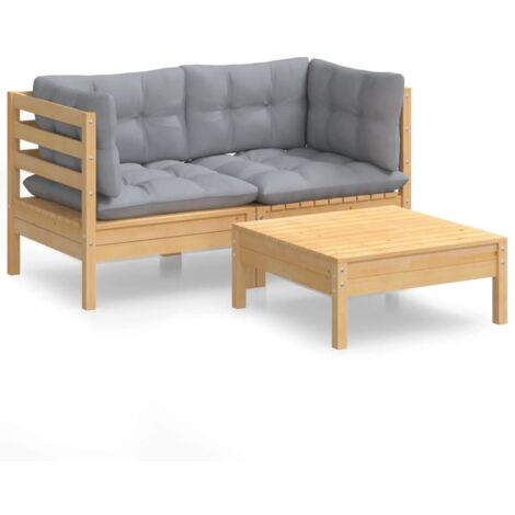 Salon de jardin 3 pcs Contemporain, Ensemble repas de jardin, avec coussins gris Bois de pin OIB5524E
