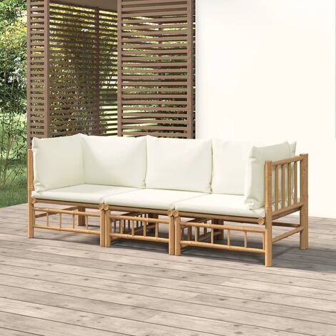 Salon de jardin 3 pcs - Ensemble Table et Chaise de Jardin - avec coussins blanc crème bambou BV631414 - BonneVie