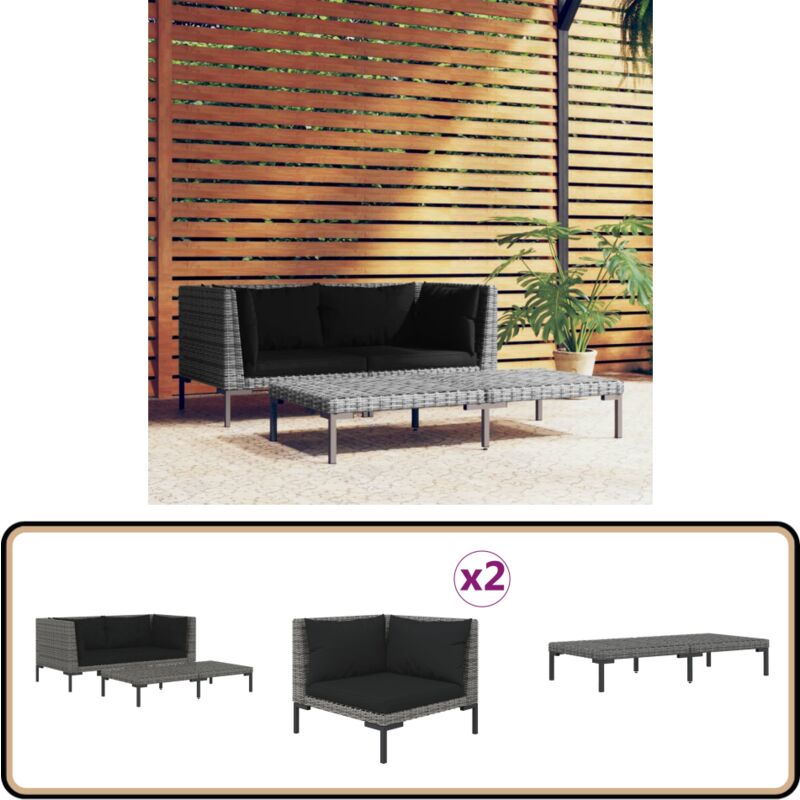 Salon de jardin 3 pcs Gris foncé Résine tressée demi-ronde - Ensemble Salon De Jardin - Meubles De Jardin - Canapé Extérieur - Chaise De Jardin