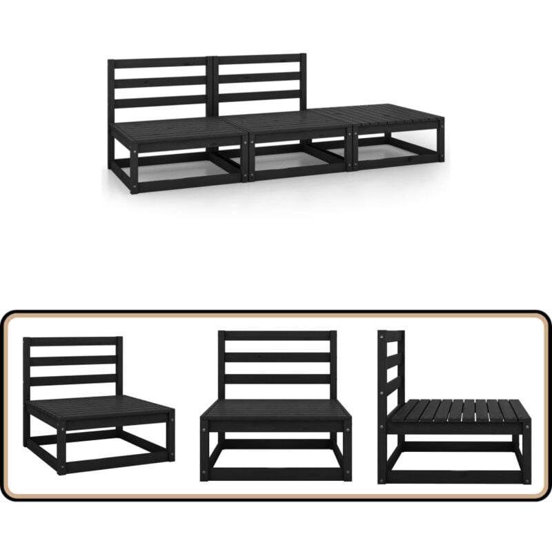 Salon de jardin 3 pcs noir bois de pin massif - Salon De Jardin - Mobilier De Jardin - Set De Salon De Jardin - Meubles En Bois - Chaise Longue