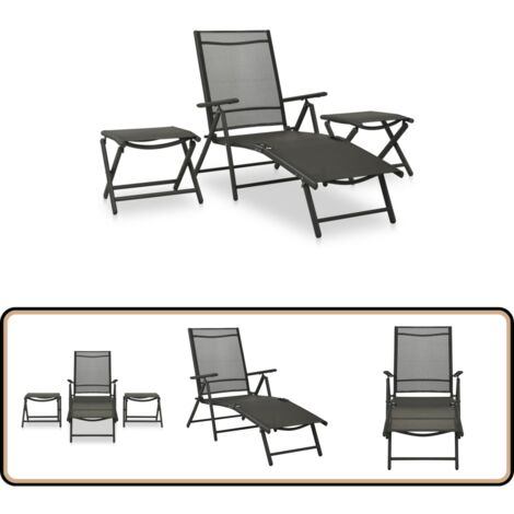 Salon de jardin 3 pcs textilène et aluminium noir - Ensemble Salon De Jardin - Mobilier De Jardin - Salon Extérieur - Chaises Pliables - Table Basse Pliable