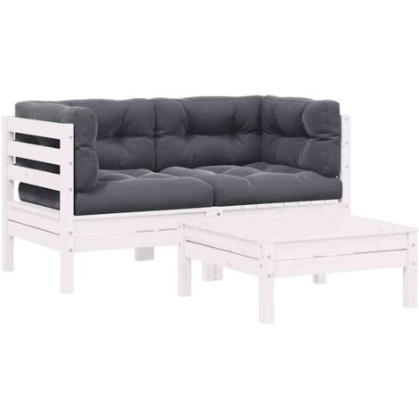 Salon de jardin 3 pcs,Mobilier de terrasse,Table et Chaise pour Relax avec coussins Blanc Bois de pin massif -YZ501358