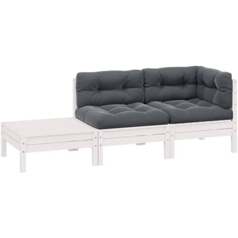 Salon de jardin 3 pcs,Mobilier de terrasse,Table et Chaise pour Relax avec coussins Blanc Bois de pin massif -YZ867143