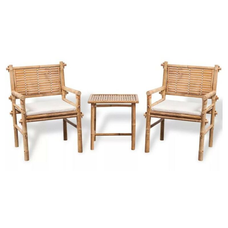 Salon de jardin 3 pièces bambou clair coussins blanc Kyca Salon de jardin 3 pièces bambou clair coussins blanc Kyca