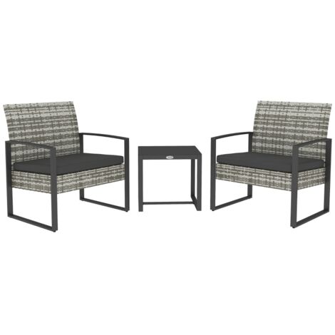 Salon de jardin 3 pièces 2 chaises avec coussins + table basse plateau verre trempé résine tressée gris clair