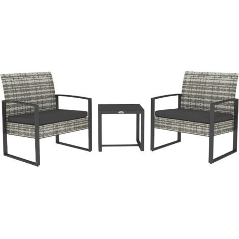 Salon de jardin 3 pièces 2 chaises avec coussins + table basse plateau verre trempé résine tressée gris clair