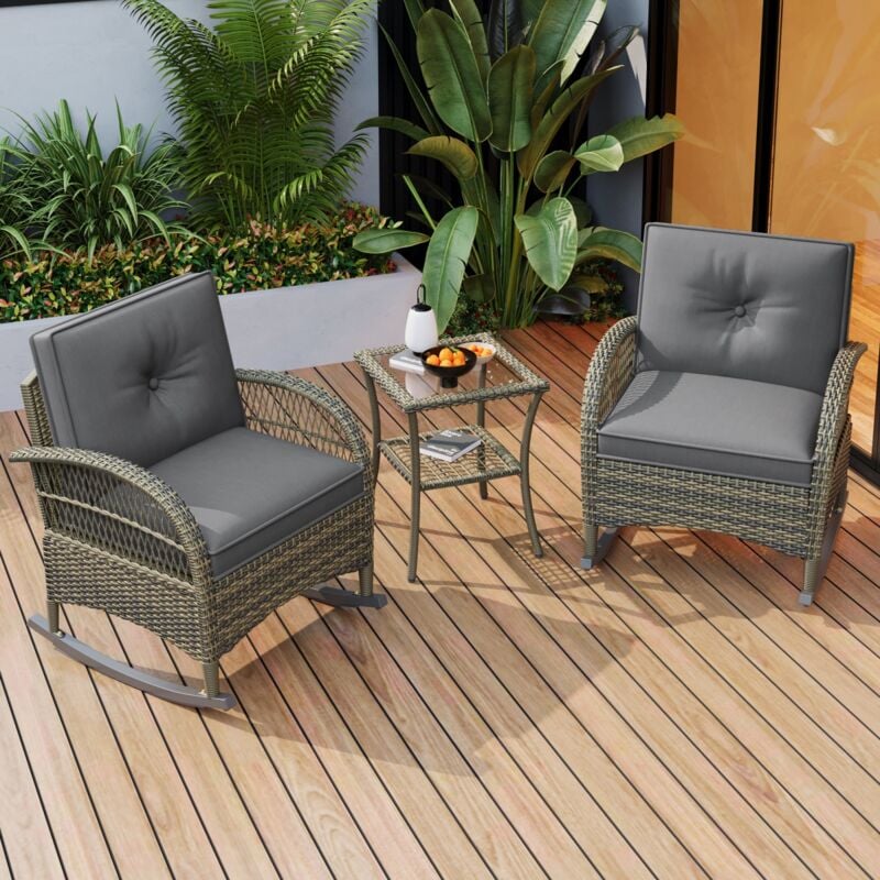 Salon de jardin 3 pièces – avec 2 fauteuils à bascule, 1 table basse avec plateau en verre, coussins gris, capacité de charge 160 kg, ensemble en