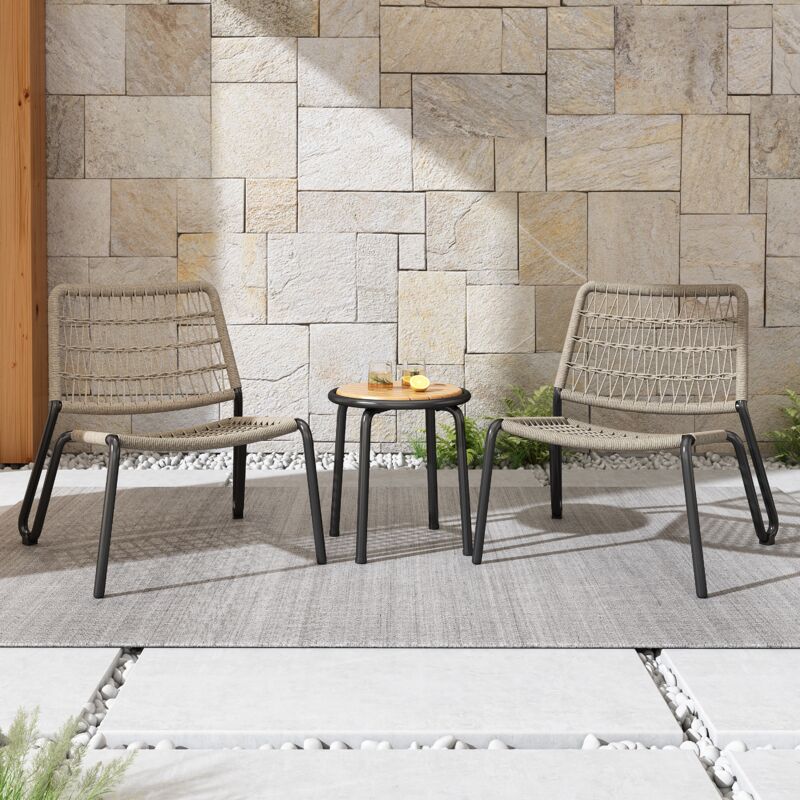 Salon de jardin 3 pièces, dossier en corde tressée, 2 chaises et 1 plateau de table en bois massif, adapté aux terrasses, jardins et balcons, Beige
