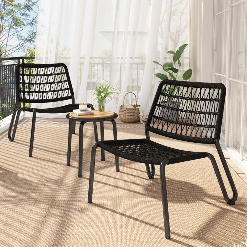 Salon de jardin 3 pièces, dossier en corde tressée, 2 chaises et 1 plateau de table en bois massif, adapté aux terrasses, jardins et balcons, Noir