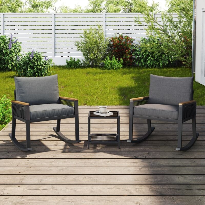 Tanant - Salon de jardin 3 pièces, ensemble de chaises à bascule avec corde, table basse en verre avec coussin d'assise et dossier, adapté au jardin,