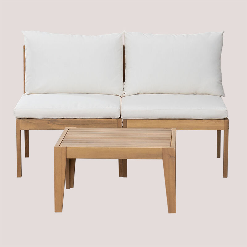 Ensemble de jardin avec canapé modulable 2 pièces et table basse en bois d'acacia Filips Sklum Blanc Gardenia
