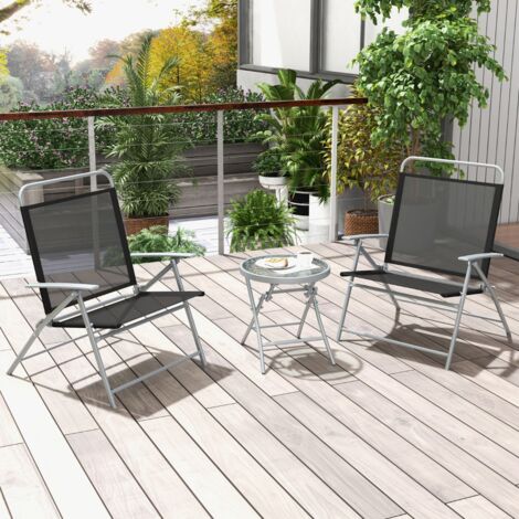 Salon de Jardin 3 Pièces pour Patio Cadre Métallique avec Table Basse en Verre Trempé Ensemble de Chaises et Table Pliantes Portables Noir Maison Chic